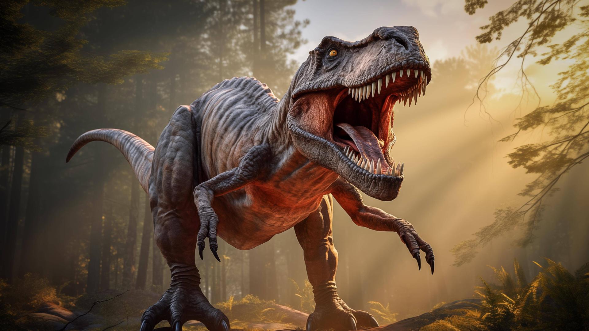 Tyrannosaurus rex brüllt in einem prähistorischen Wald mit üppiger Vegetation, Farnen und Sonnenlicht.