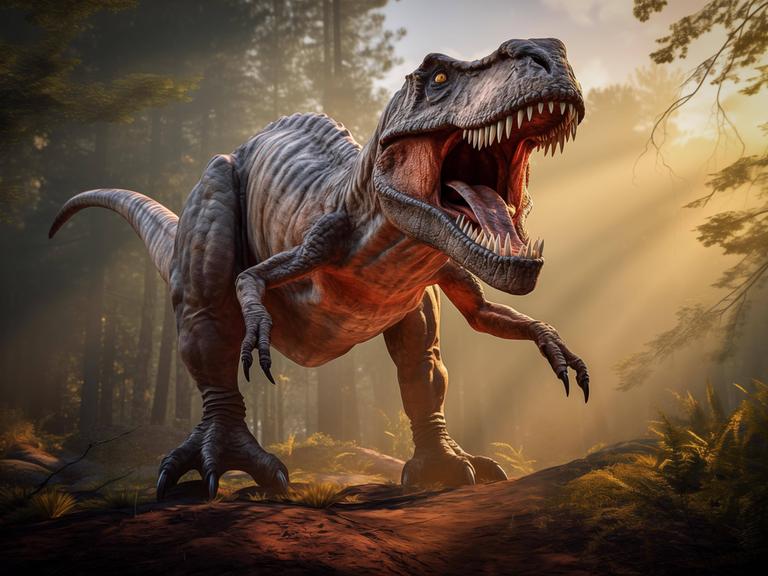 Tyrannosaurus rex brüllt in einem prähistorischen Wald mit üppiger Vegetation, Farnen und Sonnenlicht.