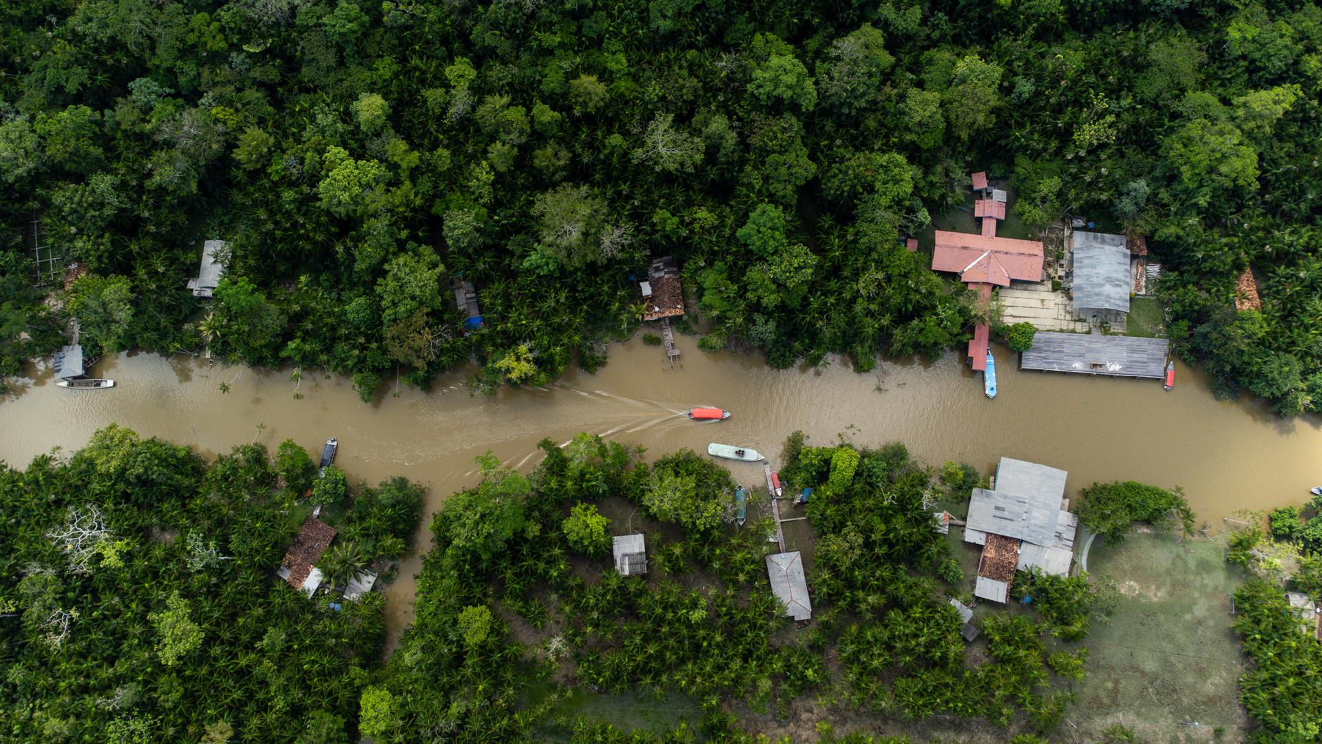 Blick auf den Fluss Guama und die Insel Combu im Amazonas-Regenwald. Menschen leben an den Ufern des Guamas in Holzhütten. Blick auf den Fluss Guama und die Insel Combu im Amazonas-Regenwald. Menschen leben an den Ufern des Guamas in Holzhütten.