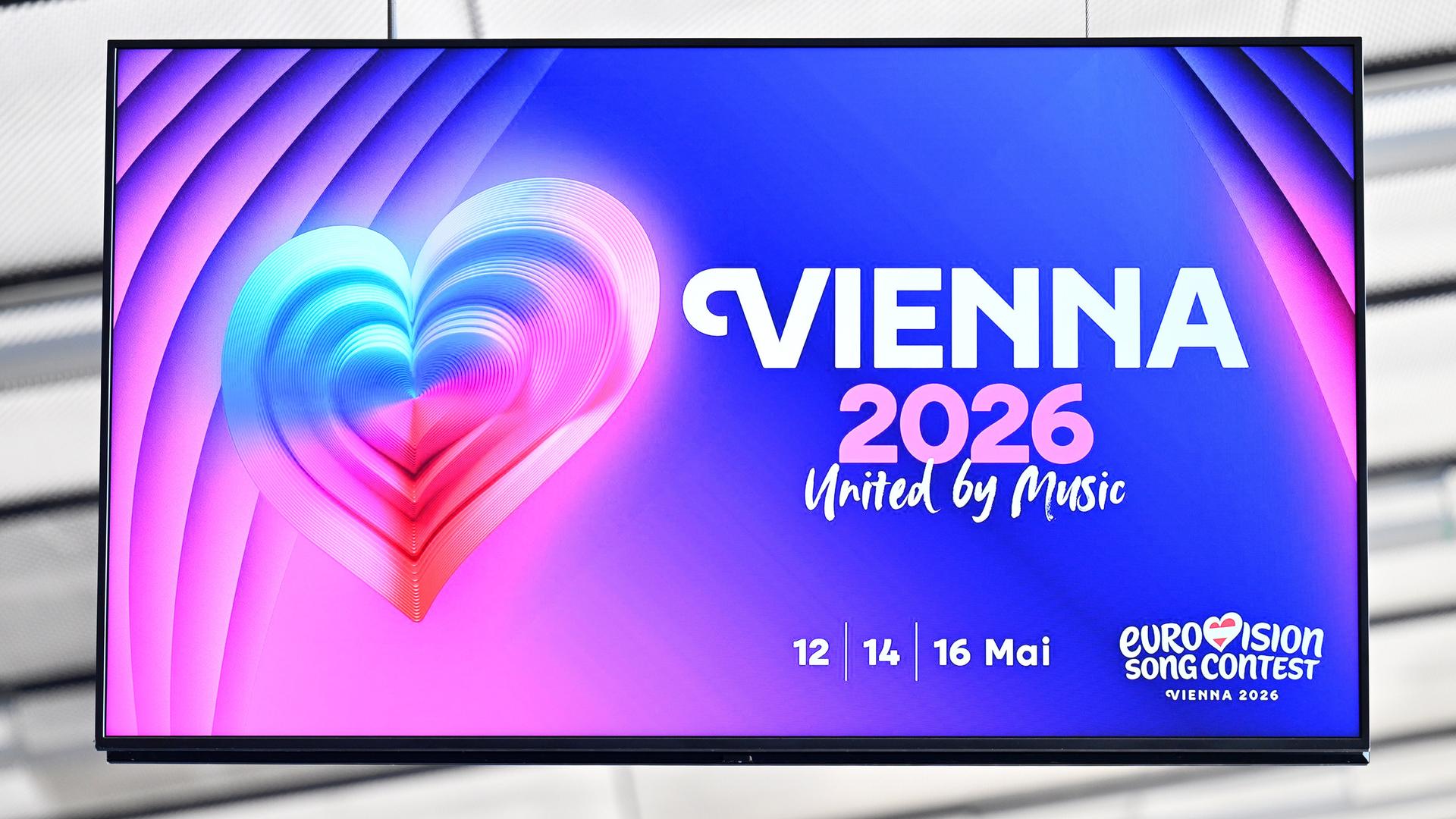 Das Logo für den Eurovision Song Contest 2026 in Wien, Österreich auf einem Bildschirm in der Wiener Stadthalle