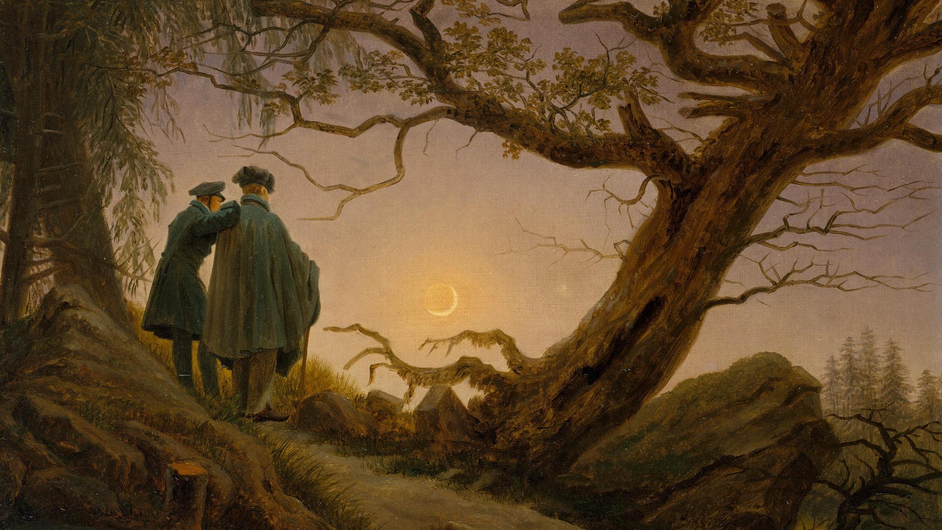 Das Gemälde von Caspar David Friedrich zeigt zwei Männer im Wald, die den Mond betrachten.