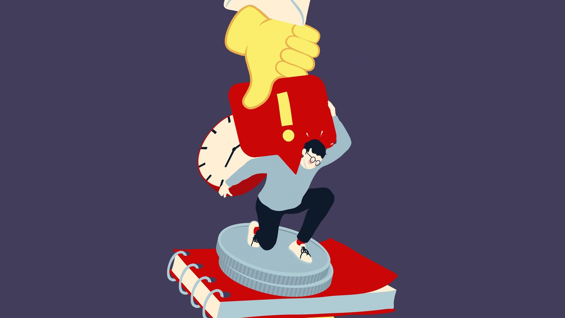 Illustration: Mann steht auf einem wackligen Stapel aus Büchern und Emojis und trägt u.a. eine Uhr.