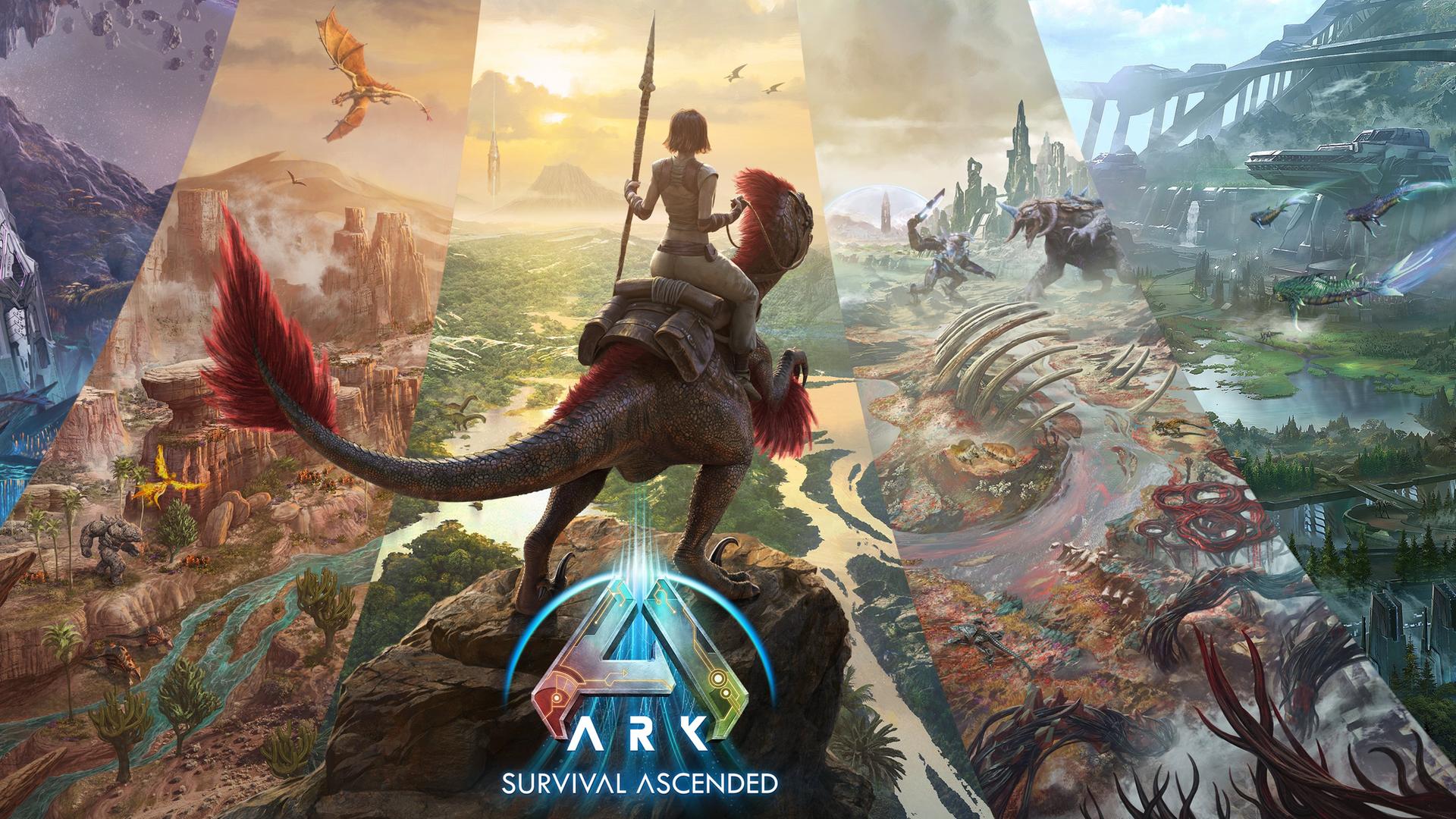 Ausschnitt aus einer Werbegrafik für "ARK: Survival Ascended". Eine Frau mit Speer in der Hand reitet auf einem Dinosaurier und blickt auf das Tal einer Fantasiewelt. 
