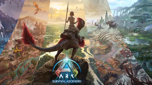 Eine Werbegrafik für das Computerspiel "ARK: Survival Ascended". Eine Frau mit Speer in der Hand reitet auf einem Dinosaurier. Sie blickt auf ein Tal in einer Fantasie-Welt.  