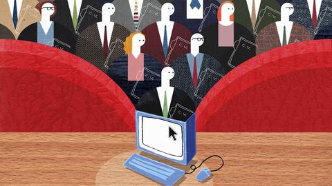 Illustration: Frauen und Männer strömen aus einem Computermonitor. 