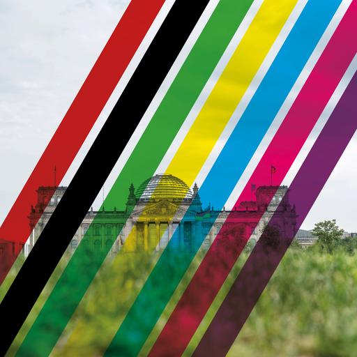 Blick auf den Reichstag überlagert von farbigen, transparenten Streifen in den Farben der Parteien: schwarz, rot, grün, gelb, blau, rosa, lila.