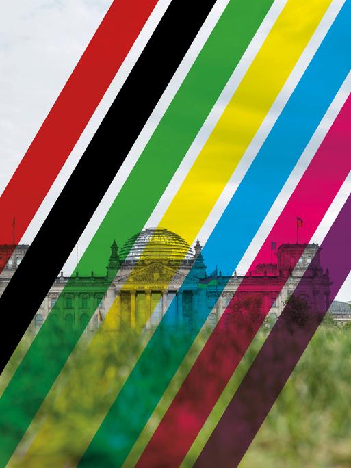 Blick auf den Reichstag überlagert von farbigen, transparenten Streifen in den Farben der Parteien: schwarz, rot, grün, gelb, blau, rosa, lila.