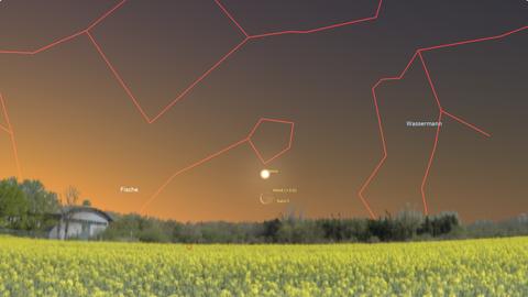 Grafik: Das Bild zeigt einen Sonnenuntergang über einem blühenden Feld, darüber sind Venus, der Mond und Saturn am Himmel sichtbar. Sternbilder wie Fische und Wassermann sind mit roten Linien markiert.