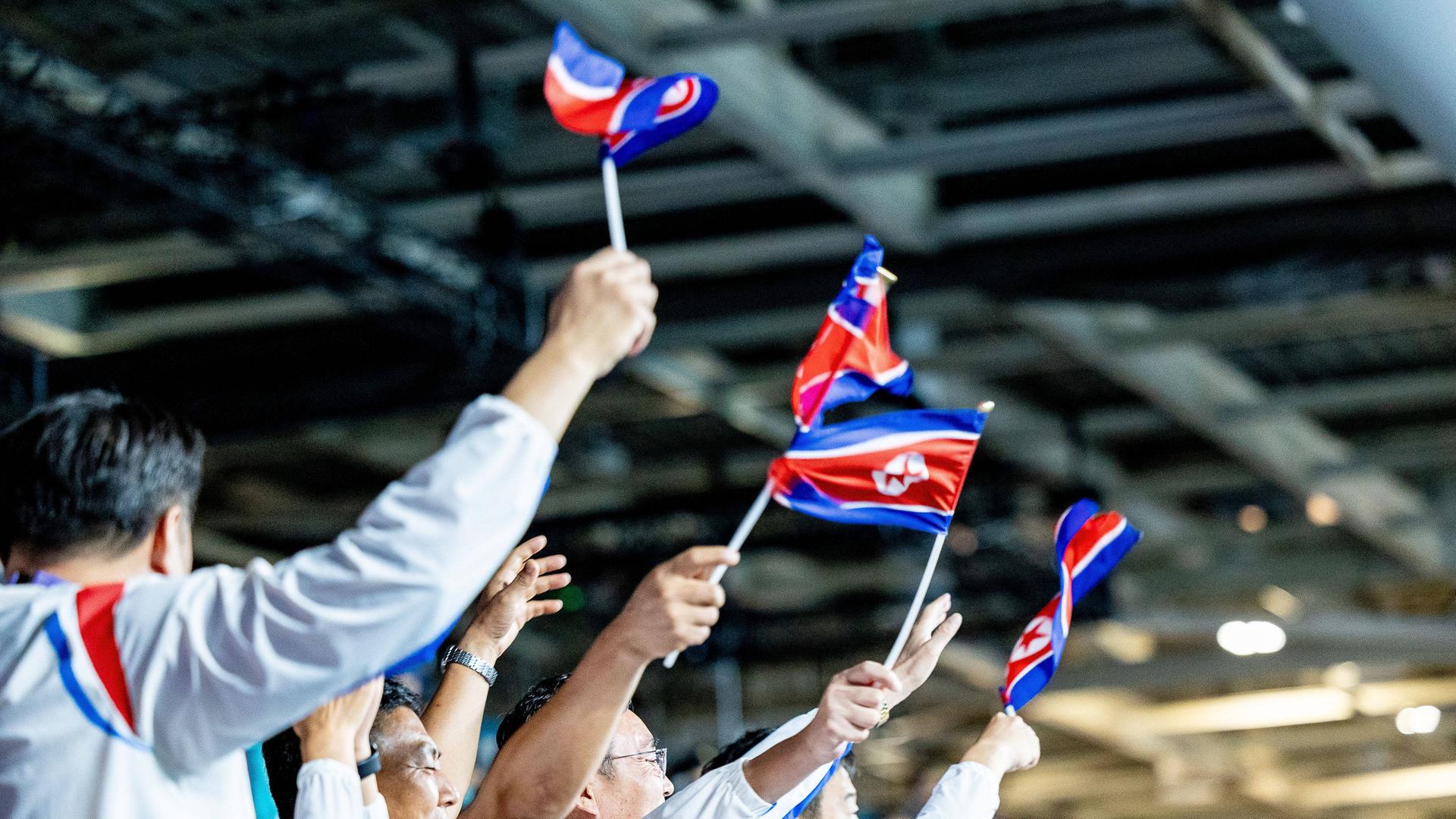 Nordkoreanische Fans winken Fahnen bei den Olympischen Spielen in Paris im Tischtennis.  