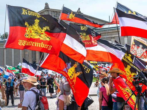 Demonstranten mit Flaggen, die im Grund alle schwarz-weiß-rot oder schwarz-rot gestreift sind und mit unterschiedlichen Symbolen belegt sind.