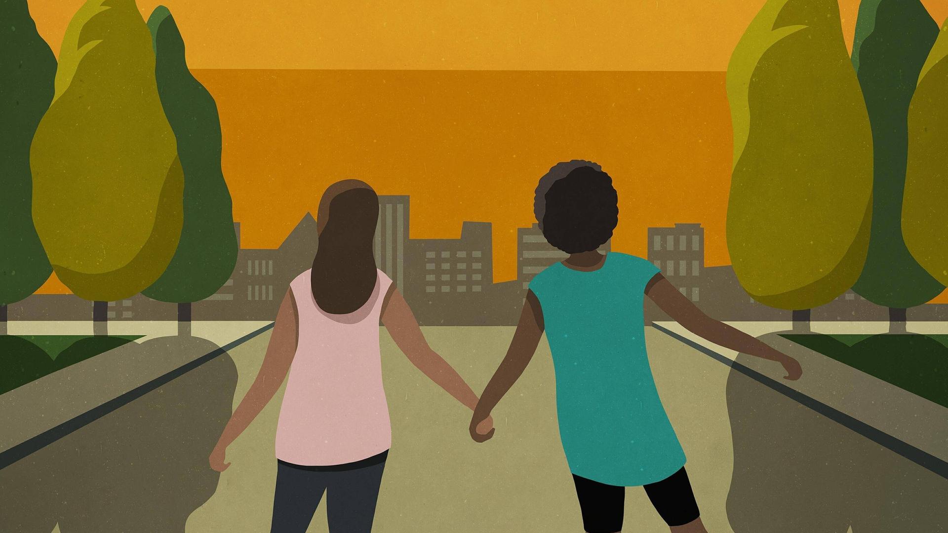 Die Illustration zeigt zwei Personen auf Rollschuhen und Händchen haltend, die in den Sonnenuntergang auf die Silhouette einer Großstadt zufahren. Die Illustration zeigt zwei Personen auf Rollschuhen und Händchen haltend, die in den Sonnenuntergang auf die Silhouette einer Großstadt zufahren.