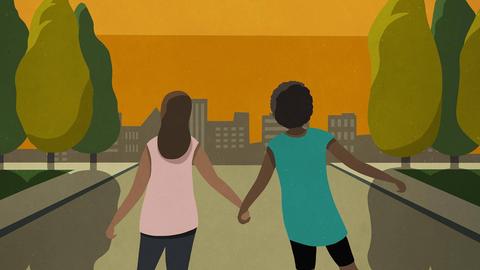 Die Illustration zeigt zwei Personen auf Rollschuhen und Händchen haltend, die in den Sonnenuntergang auf die Silhouette einer Großstadt zufahren. Die Illustration zeigt zwei Personen auf Rollschuhen und Händchen haltend, die in den Sonnenuntergang auf die Silhouette einer Großstadt zufahren.