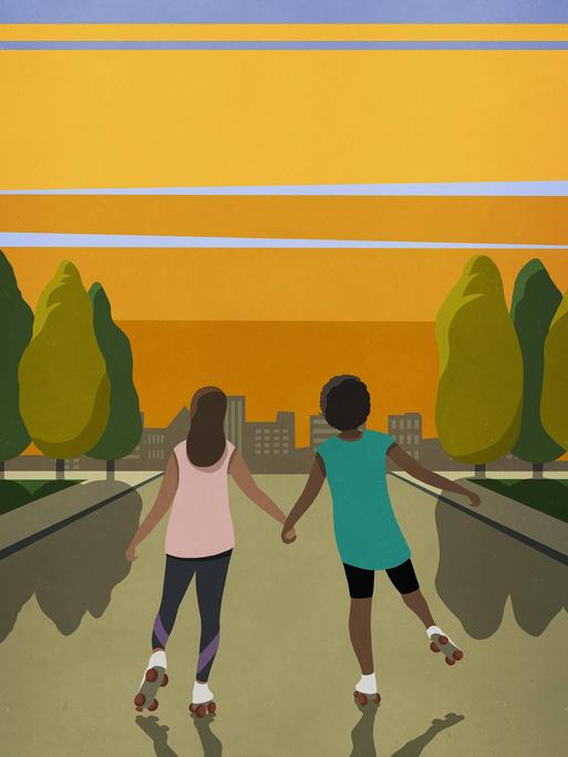 Die Illustration zeigt zwei Personen auf Rollschuhen und Händchen haltend, die in den Sonnenuntergang auf die Silhouette einer Großstadt zufahren.