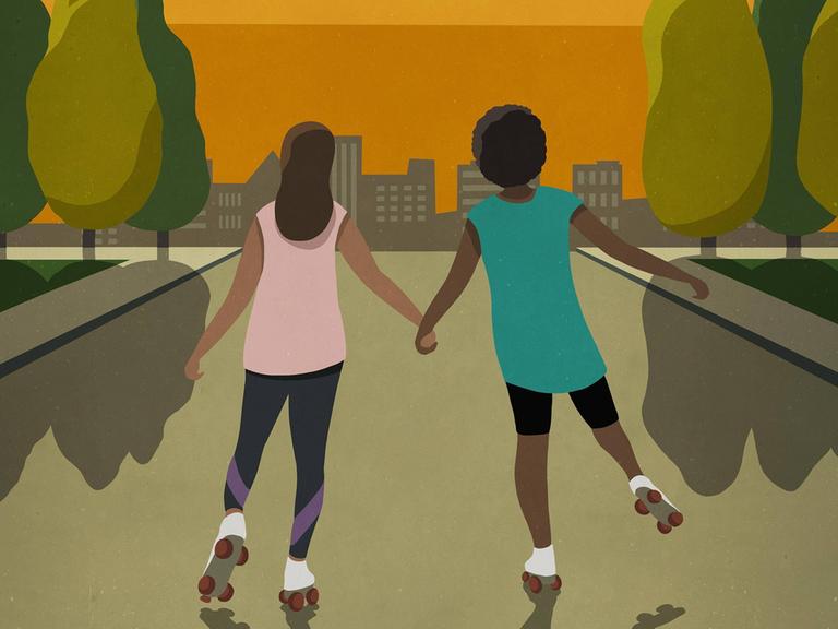 Die Illustration zeigt zwei Personen auf Rollschuhen und Händchen haltend, die in den Sonnenuntergang auf die Silhouette einer Großstadt zufahren.