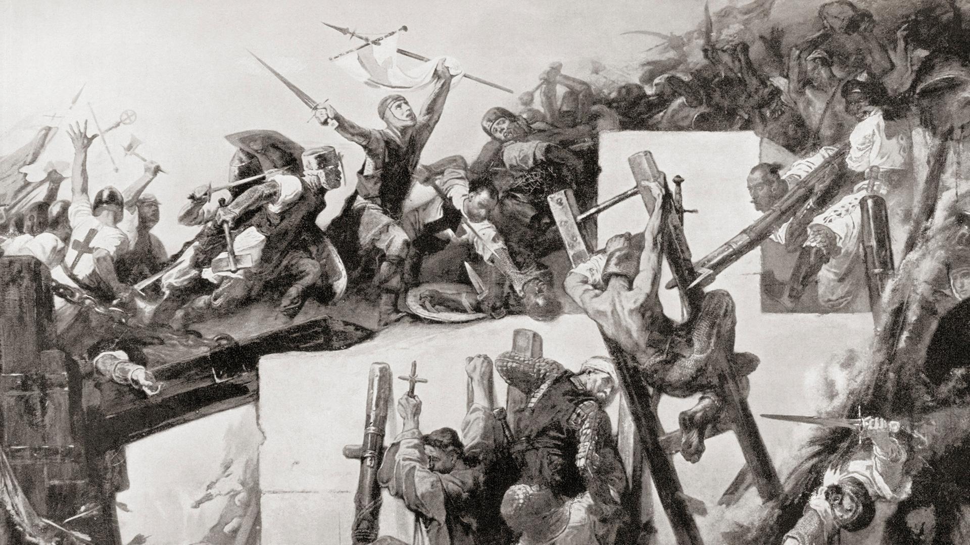 Godfrey de Bouillon at the Siege of Jerusalem in 1099 during the First Crusade. Godfrey of Bouillon, 1060-1100. Frankish knight, and one of the leaders of the First Crusade. From Hutchinson's History of the Nations, published 1915. (Ken Welsh) Godfrey de Bouillon at the Siege of Jerusalem in 1099 during the First Crusade. Godfrey of Bouillon, 1060-1100. Frankish knight, and one of the leaders of the First Crusade. From Hutchinson's History of the Nations, published 1915. (Ken Welsh)