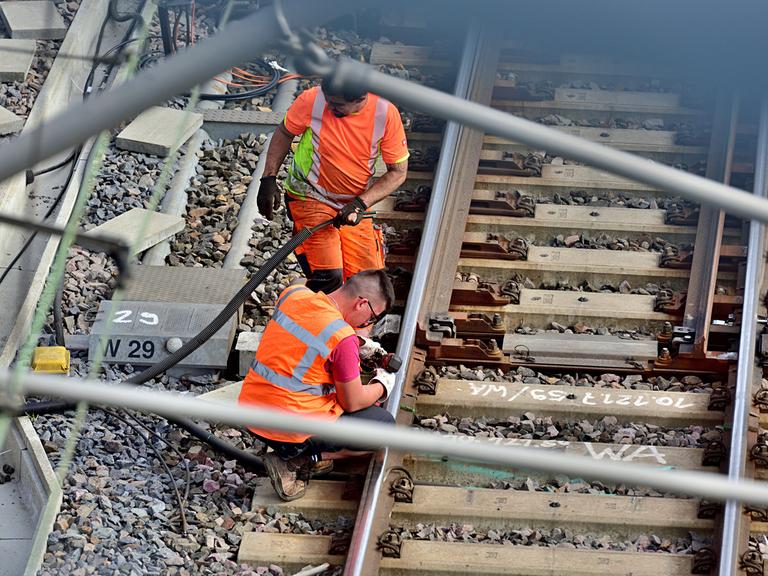 Arbeiter demontieren die Anlagen der Riedbahn. Die Strecke zwischen Mannheim und Frankfurt ist ab dem 15.7. für fünf Monte gesperrt.