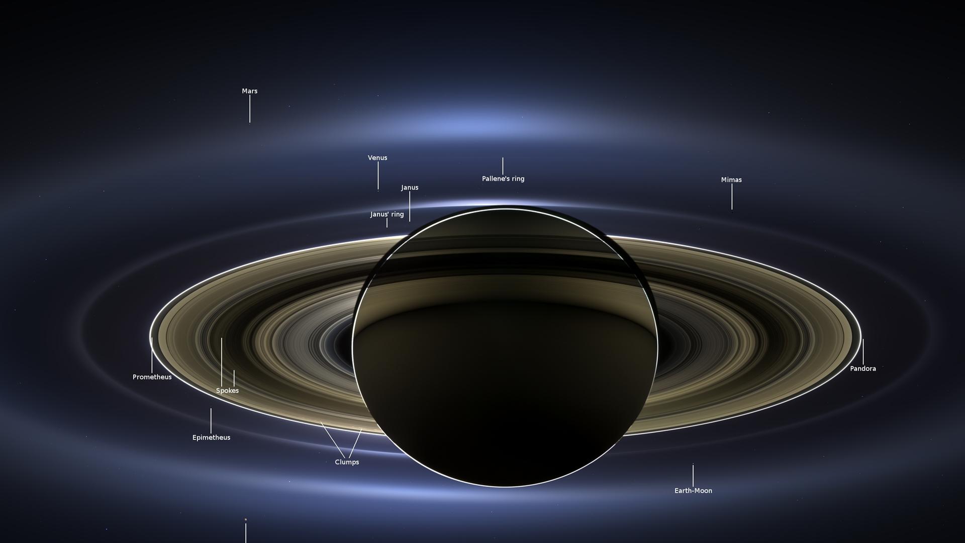 Eine Aufnahme der Raumsonde Cassini, die Erde und Mond fotografiert hat.