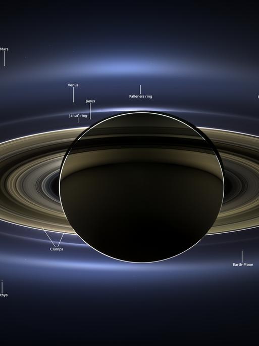 Eine Aufnahme der Raumsonde Cassini, die Erde und Mond fotografiert hat.