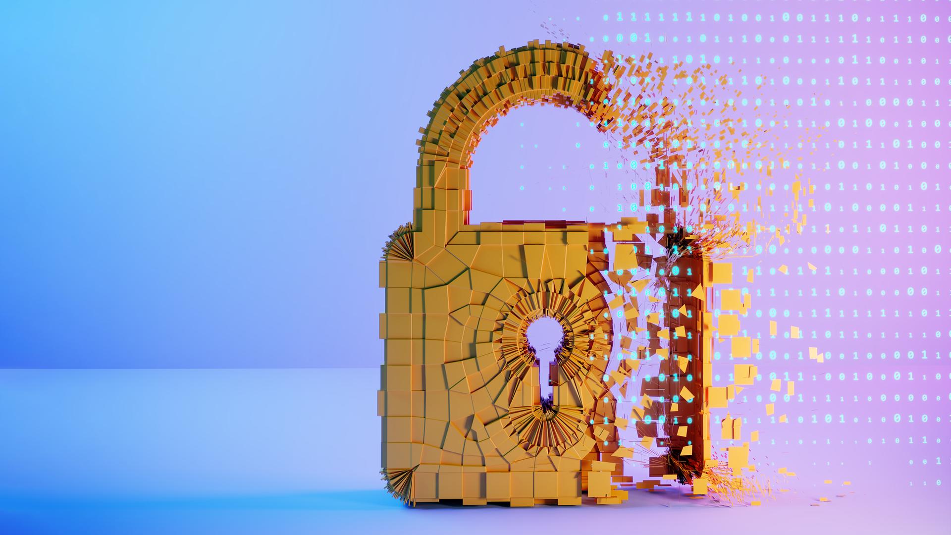 Ein digitales Vorhängeschloss löst sich in Pixel und binäre Datenströme auf. (Illustration) Ein digitales Vorhängeschloss löst sich in Pixel und binäre Datenströme auf. (Illustration)