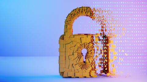 Ein digitales Vorhängeschloss löst sich in Pixel und binäre Datenströme auf. (Illustration) Ein digitales Vorhängeschloss löst sich in Pixel und binäre Datenströme auf. (Illustration)