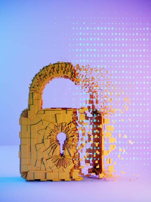 Ein digitales Vorhängeschloss löst sich in Pixel und binäre Datenströme auf. (Illustration)
