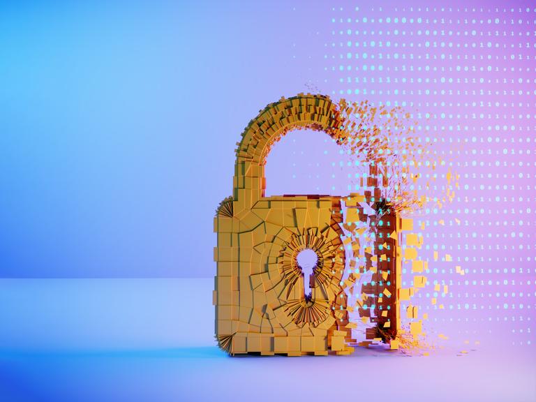 Ein digitales Vorhängeschloss löst sich in Pixel und binäre Datenströme auf. (Illustration)