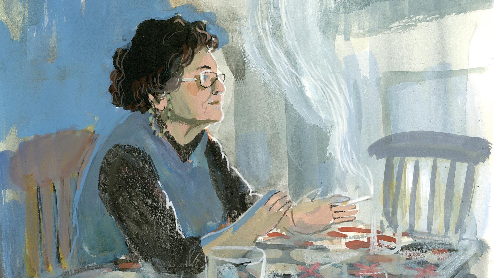 Eine illustrierte Seite aus der Graphic Novel "Die Farbe der Erinnerung" von der Illustratorin Barbara Yelin zeigt eine ältere Frau rauchend an einem Küchentisch.