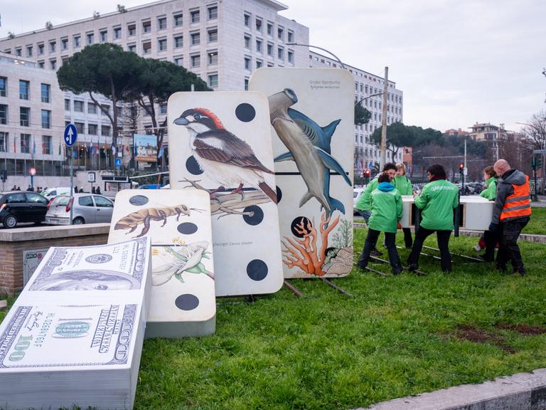Vor der Weltnaturkonferenz in Rom protestieren Aktivisten von Greenpeace mit Schautafeln für mehr Artenschutz. 