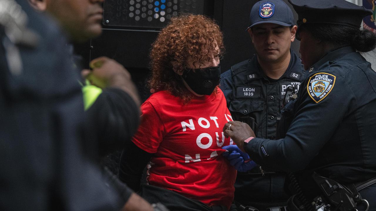 Die Künstlerin Nan Goldin wird am 14. Oktober bei pro-palästinensischen Protesten in New York, organisiert von der Organisation Jewish Voices for Peace, vorübergehend festgenommen.