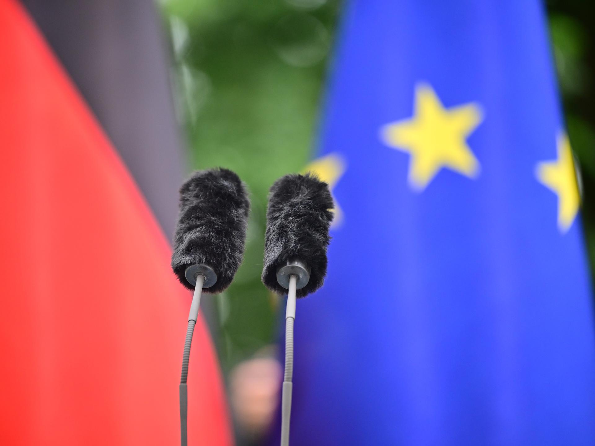 Zwei Mikrofone ragen aus einem Rednerpult. Im Hintergrund sind die deutsche und die EU-Flagge zu sehen. Zwei Mikrofone ragen aus einem Rednerpult. Im Hintergrund sind die deutsche und die EU-Flagge zu sehen.