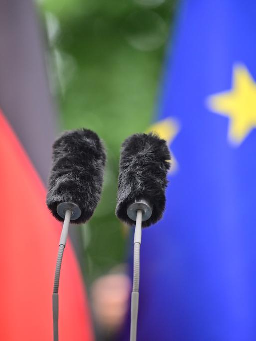 Zwei Mikrofone ragen aus einem Rednerpult. Im Hintergrund sind die deutsche und die EU-Flagge zu sehen.