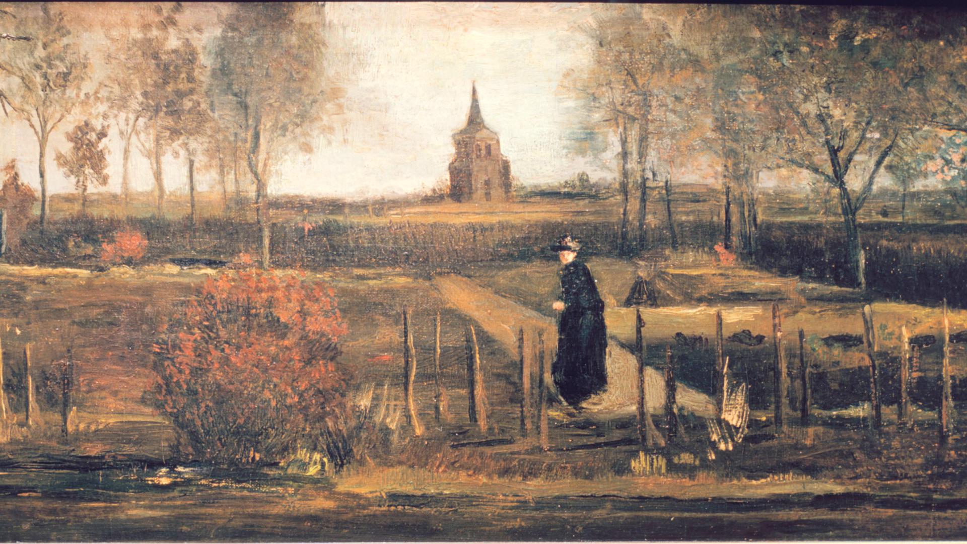 Das Gemälde "Pfarrgarten von Nuenen" zeigt einen Pfarrer im schwarzen Gewand in einem Garten, am Horizont eine Kirche.
