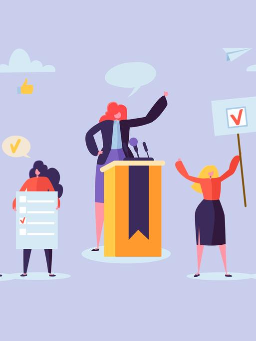 Illustration: Politische Veranstaltung mit einer weiblichen Kandidatin am Redepult. Weibliche WählerInnen mit Megaphon, Schildern und Wahlplakaten. 