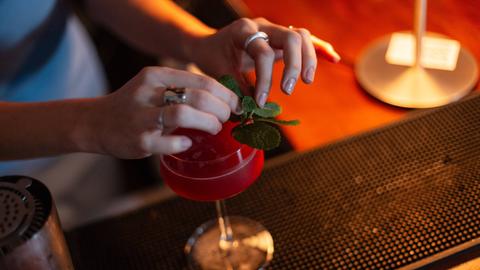 Detailaufnahme einer Frau, die einen roten Drink mit einem grünen Blatt bestückt.