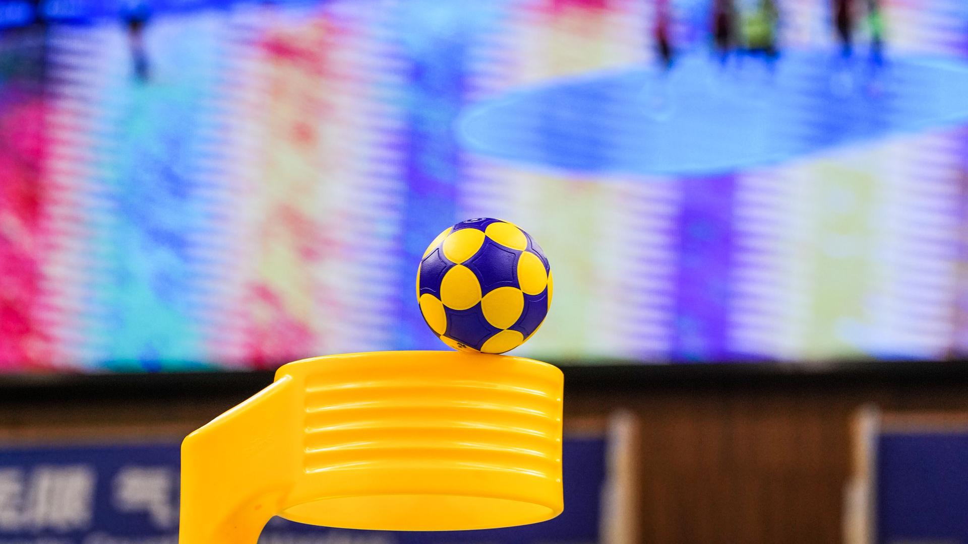 Nahaufnahme des typisch gleb-blauen Korfballs und des Korbes während eines Spiels Nahaufnahme des typisch gleb-blauen Korfballs und des Korbes während eines Spiels