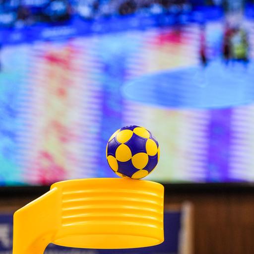 Nahaufnahme des typisch gleb-blauen Korfballs und des Korbes während eines Spiels