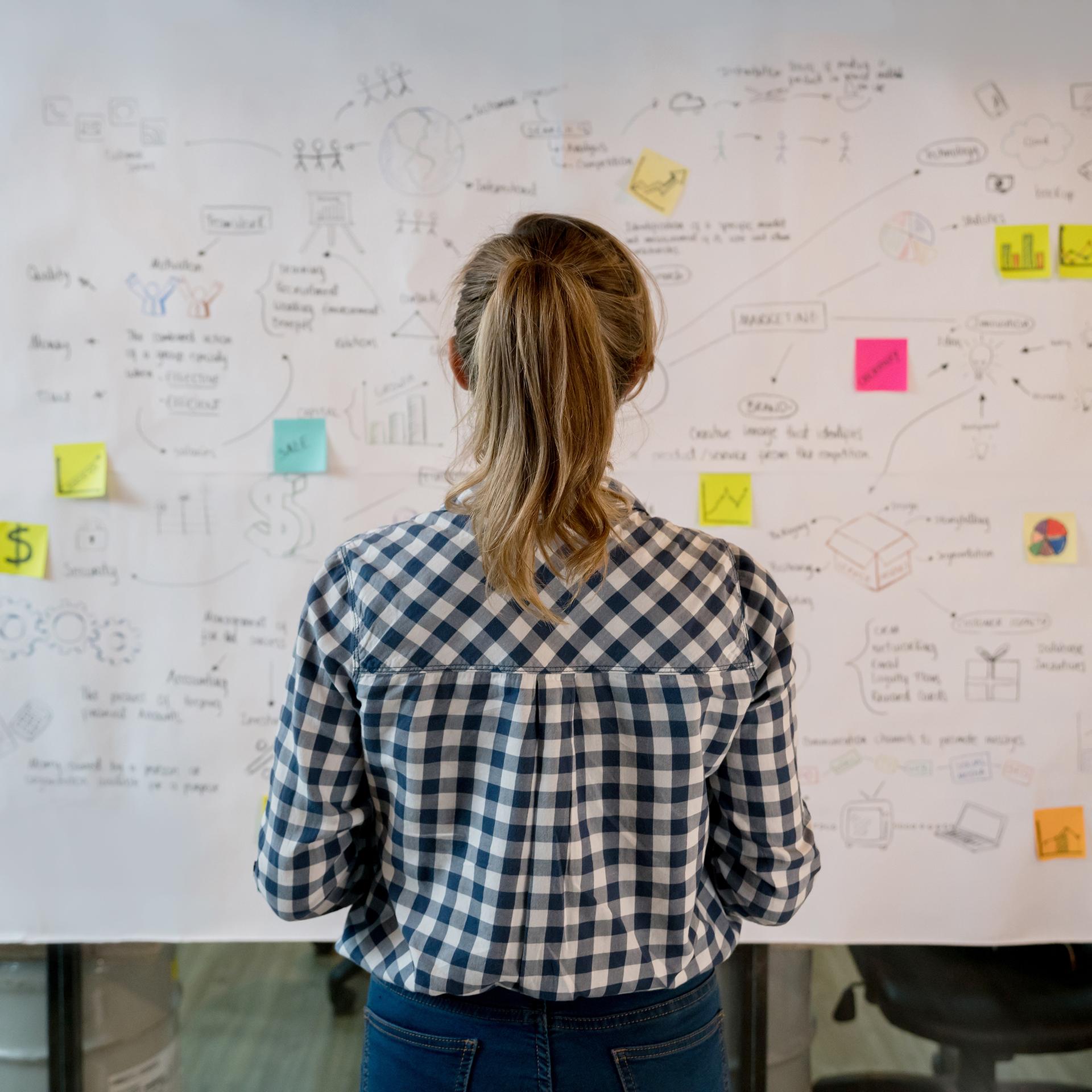 Eine junge Frau steht vor einer Tafel voller Skizzen und Post-its.