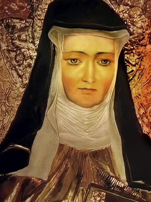 Figur der Hildegard von Bingen trägt ein schwarzes Kopftuch.