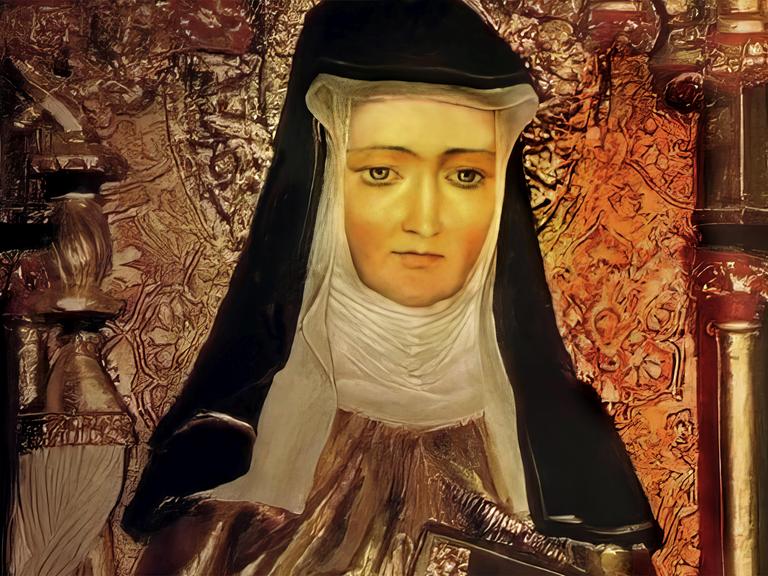 Figur der Hildegard von Bingen trägt ein schwarzes Kopftuch.