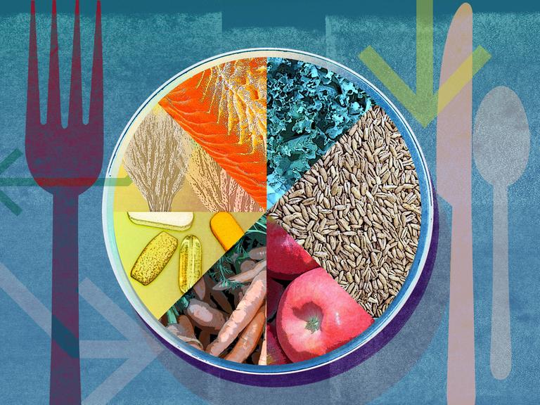 Illustration: Kuchendiagramm mit gesundem Essen auf einem Teller.