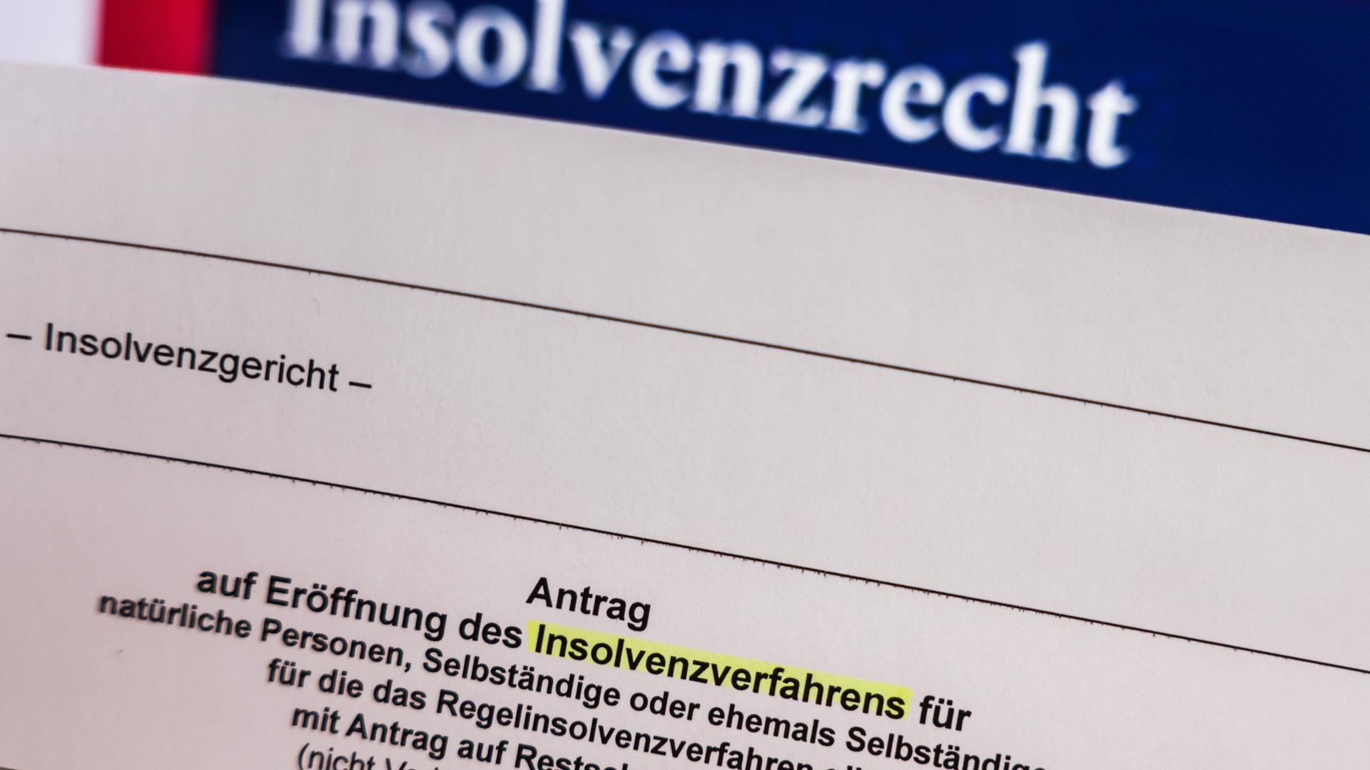 Das Wort Insolvenzverfahren ist auf einem Formular für einen Insolvenzantrag für Personengesellschaften und juristische Person vor dem Gesetzestext zum Insolvenzrecht unterstrichen.