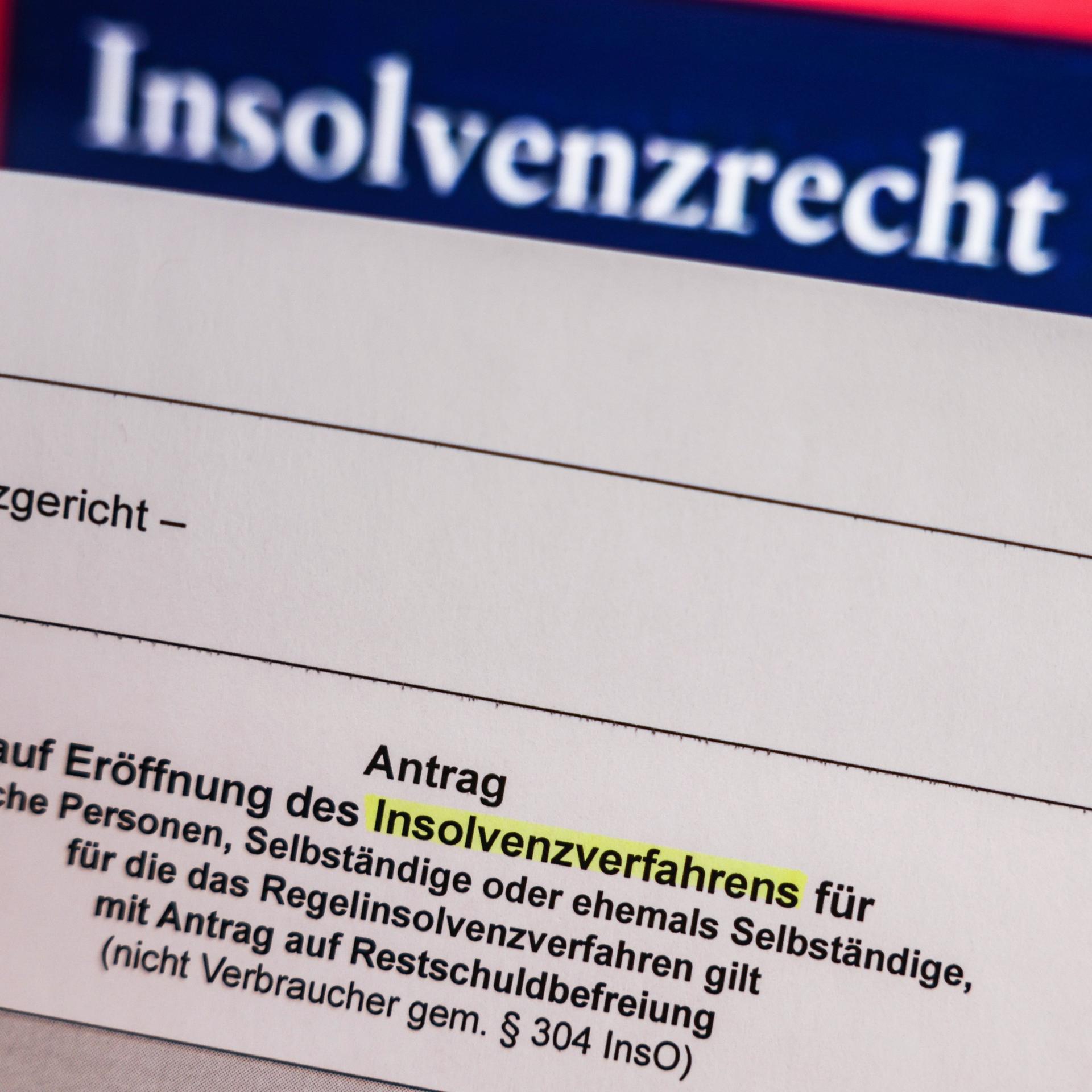 Das Wort Insolvenzverfahren ist auf einem Formular für einen Insolvenzantrag für Personengesellschaften und juristische Person vor dem Gesetzestext zum Insolvenzrecht unterstrichen.