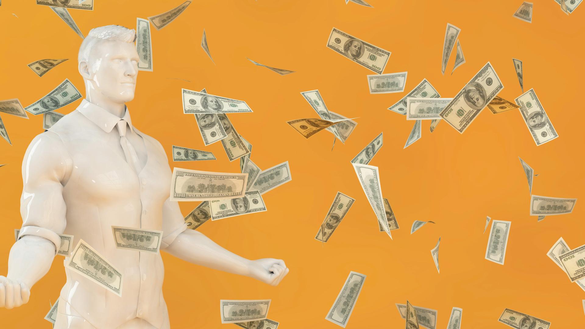 Illustration eines Mannes, der mit seinen Muskeln angibt während Geldscheine vom Himmel fallen.