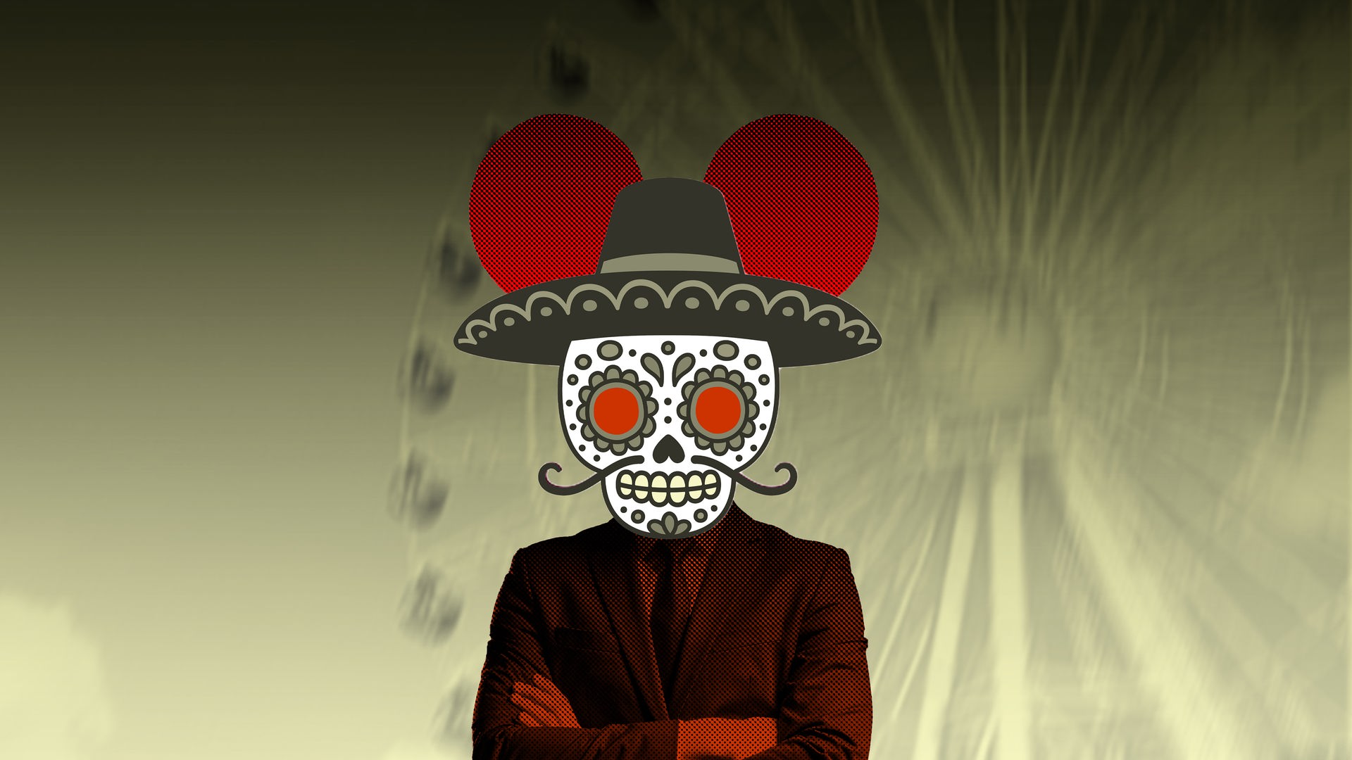 Collage einer Figur, deren Oberkörper aus einem Anzug und deren Kopf aus einer mexikanischen Maske besteht. Auf dem Kopf trägt die Figur Mickey Mouse Ohren.

