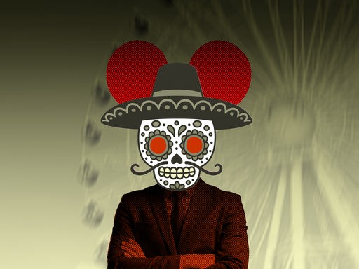 Collage einer Figur, deren Oberkörper aus einem Anzug und deren Kopf aus einer mexikanischen Maske besteht. Auf dem Kopf trägt die Figur Mickey Mouse Ohren.
