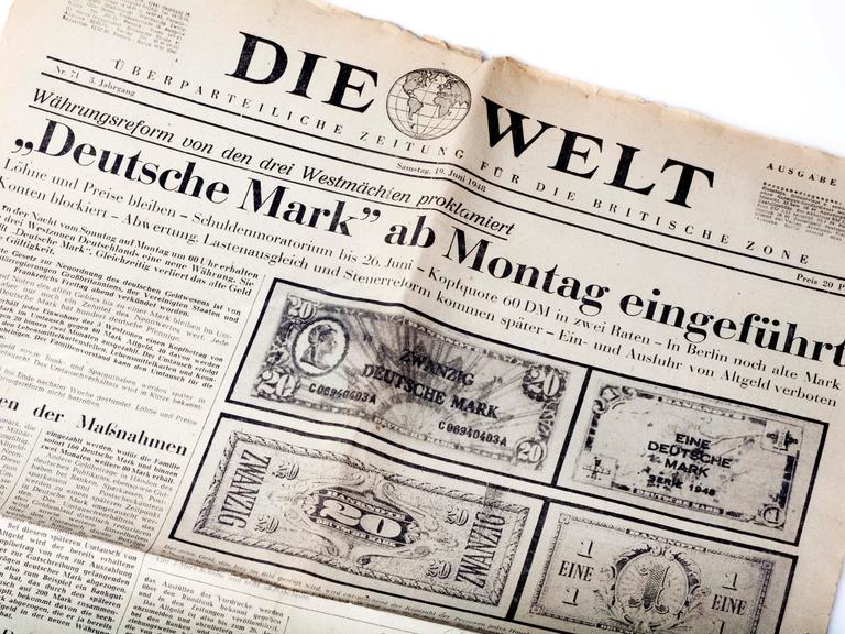 "Deutsche Mark ab Montag eingeführt": Titelseite der Zeitung "Die Welt" vom 19. Juni 1948 zur Währungsreform