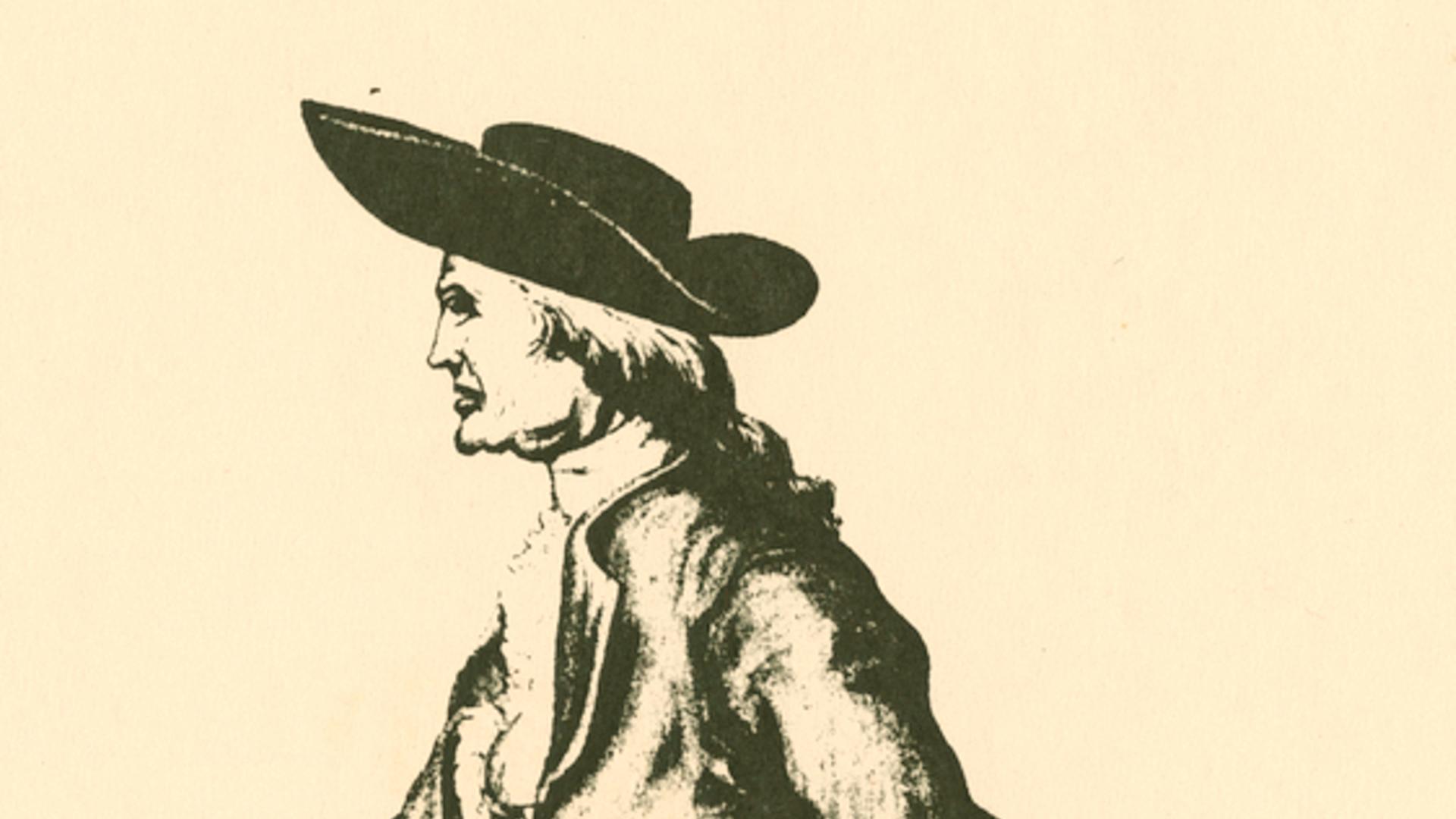 Eine Zeichnung, die den Naturforscher Henry Cavendish (1731-1810) von der Seite zeigt. Er trägt einen Hut. 