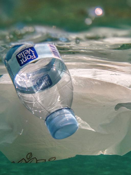 Unterwasseraufnahme zeigt Plastikflasche und Plastiktüte im Meer treibend.