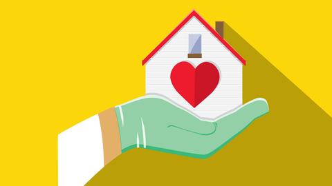Illustration: Die Hand einer Krankenschwester hält ein Haus mit Herzsymbol.