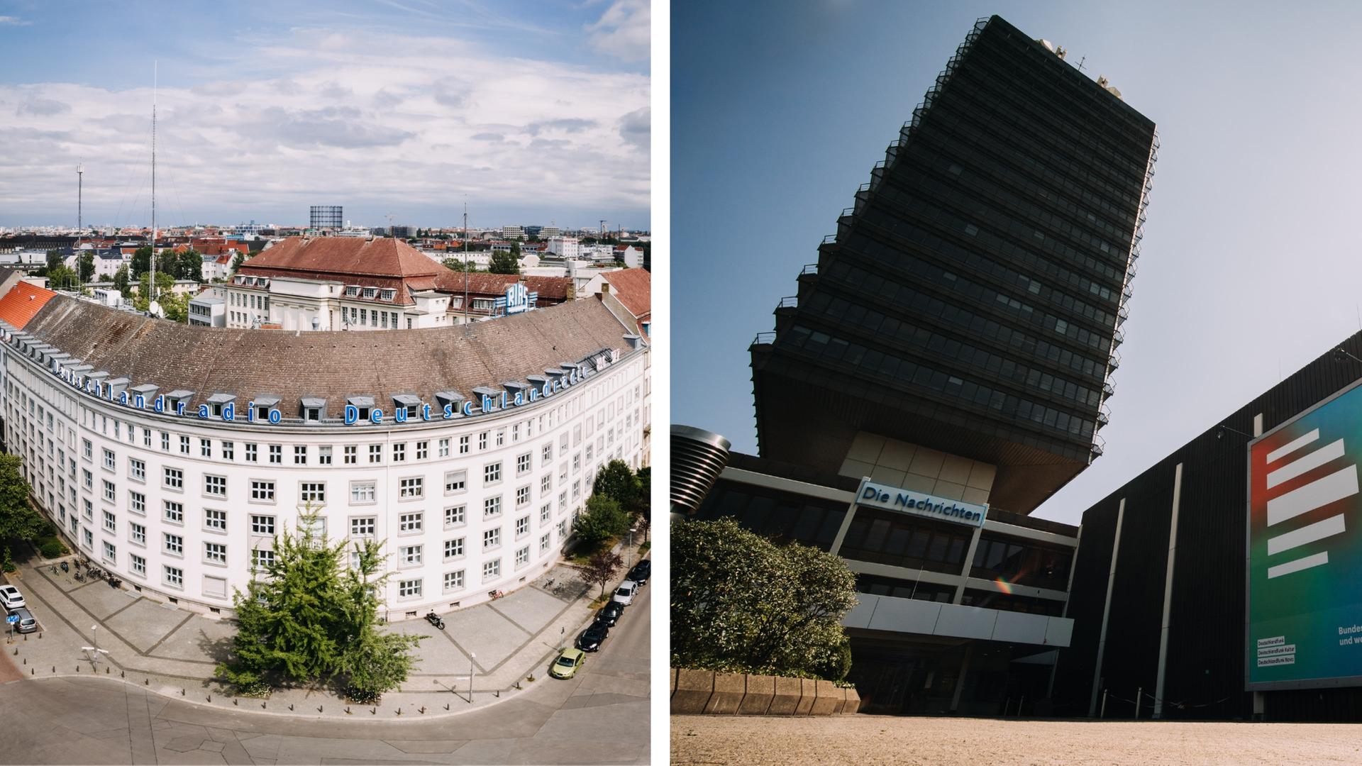 Links: Deutschlandradio-Funkhaus am Hans-Rosenthal-Platz in Berlin, rechts: Blick auf das Deutschlandfunk-Funkhaus in Köln mit Funkhausturm und Kammermusiksaal